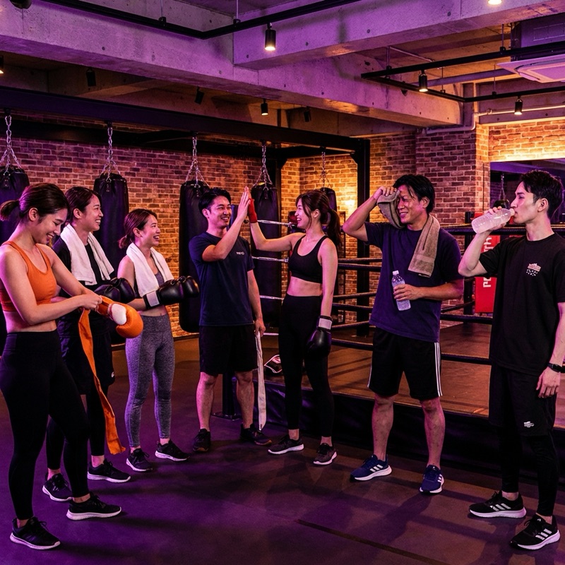 Cool-down stretching after boxing fitness class in Tokyo